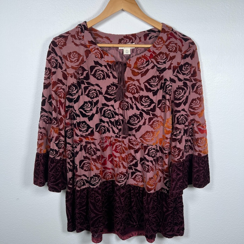 Style Co Womens Floral Velvet Burnout Tunic Top Sz S Boho Whimsigoth Rose Red
